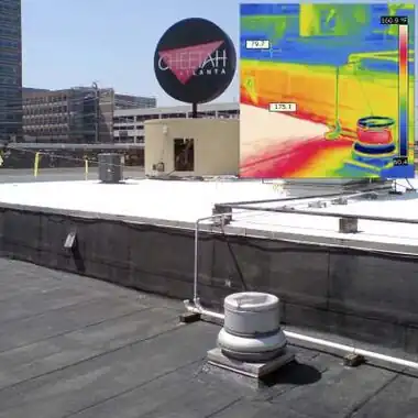 Infrared image shows excellent heat reflective properties of elastomeric roof coatings.