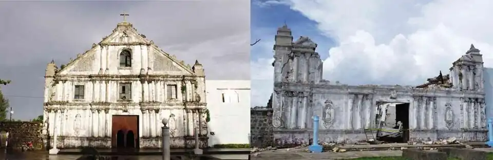 Guiuan Church before (left) and after Typhoon Haiyan