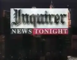 Over a background of the Philadelphia skyline, a white box with the word "Inquirer", as on the masthead of The Philadelphia Inquirer, in glossy black. Beneath are two boxes: in the lower left, a black box with the word "NEWS" in a white serif, and in the lower right, a red box with the word "TONIGHT" in the same serif.