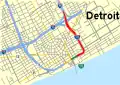 Map of I-375 (red) and BS I-375 (green) in Detroit