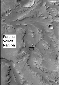 CTX context image for next image that was taken with HiRISE. Note long ridge going across image is probably an old stream. Box indicates area for HiRISE image.