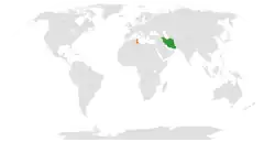 Map indicating locations of Iran and Tunisia