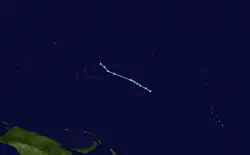 A track map showing the short, entirely west-northwestward path of a tropical depression over the western Pacific Ocean