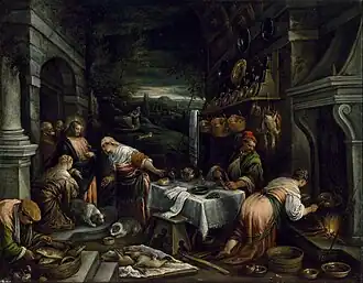 Jacopo Bassano, Christ in the House of Mary, Martha, and Lazarus (c. 1577), 98.4 × 126.4 cm