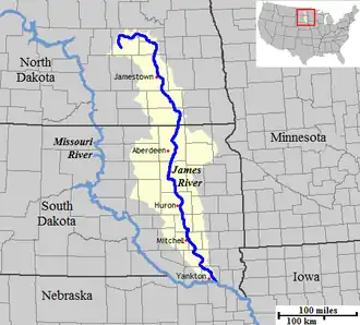 The course and watershed of the James River.