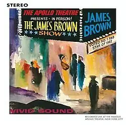 Abstract painting depicting the front entrance of the Apollo Theater, with a crowd of people gathered under the marquee which is advertising a James Brown concert and labelling Brown "Voted number 1 R&B star of 1962".