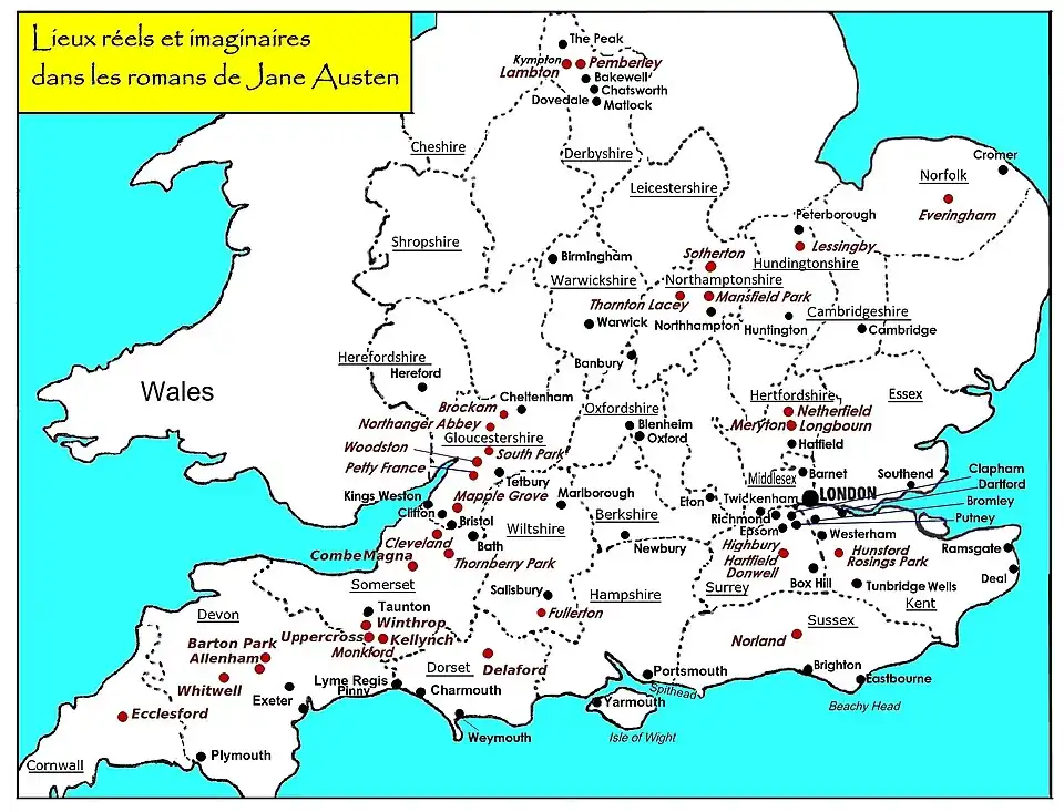 Map of England with the real places frequented by one or other of the characters in Jane Austen's 6 novels (in black) and the imaginary places where they reside (in red). Information taken from : “A Guide to the Real and Imagined Places in Jane Austen's Novels”.