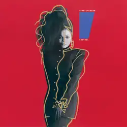 A young woman poses in front of a red background. She is wearing a long black button-up jacket with matching gloves, pants and headdress. The headdress flips her black hair forward over the right side of her face. To her left is a blue trapezoid that tapers downward, and reads "Janet Jackson" above it and "Control" below.