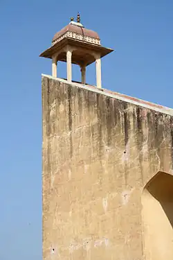 The Giant Sundial of Jantar Mantar in Jaipur, India, stands 27m tall. Its shadow moves visibly at 1 mm per second. 26°55′29″N 75°49′29″E﻿ / ﻿26.9247°N 75.8248°E﻿ / 26.9247; 75.8248﻿ (The Giant Sundial of Jantar Mantar)