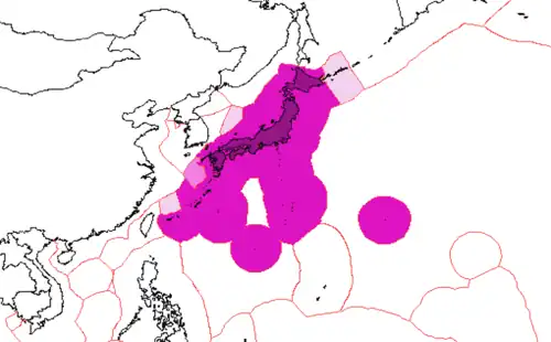 A map focused on Japan showing it's Exclusive Economic Zone in shades of purple around the nation's coasts