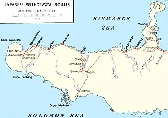 Map of western New Britain with tracks and settlements involved in the Japanese withdrawal marked on it