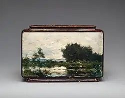Earthenware jardiniere with Impressionist (or Corot-esque) landscape by Émile-Justin Merlot [fr]