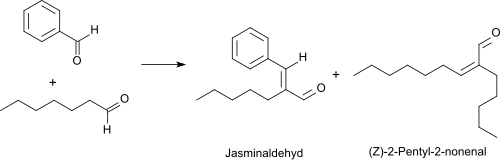 α-pentylcinnamal (jasminal) by aldol condensation of benzaldehyde with heptanal