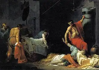 Colorful subjects stand in a cell with somber colors and dark tenebrism background. Miltiades, deceased, is dressed in white. Cimon looks away distraught and collapsed