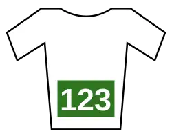 A white jersey with a green number bib.