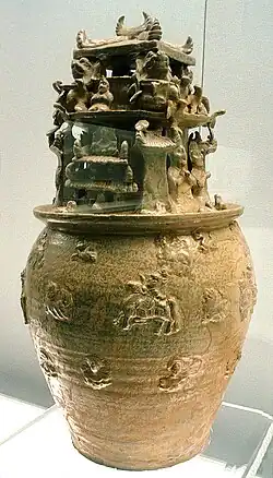 Hunping jar of the Western Jin, with Buddhist figures.