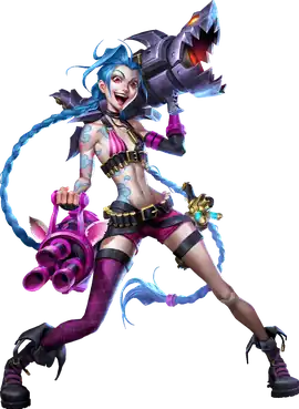 A pale, blue-haired woman laughing while wielding oversized firearms