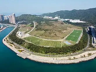 Soccer pitches near to a sea wall