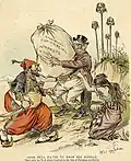 "John Bull hated to drop his bundle ..." Political cartoon about "England's commercial interests in the Orient". The woman represents Armenia.