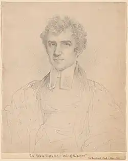 Simple portrait in pencil on cream colored paper of a young white man in minister's clothing. Caption at the bottom reads "Rev. John Pierpont: "Airs of Palestine."