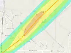 A map with several polygons and lines showing the tornado's strength at a given location