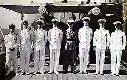 Junior officers of HMS Nelson under her main guns. R.T. White is second from the right.