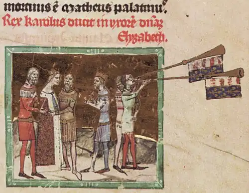 Chronicon Pictum, Hungarian, Hungary, King Charles Robert, Elizabeth of Poland, Queen of Hungary, royal wedding, crown, Hungarian Anjou coat of arms and flag, blowing horns, medieval, chronicle, book, illumination, illustration, histor