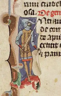 Chronicon Pictum, Hungary, Count Deodatus, knight, sword, helmet, shield, medieval, chronicle, book, illumination, illustration, history