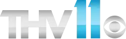 A shiny silver "T H V" in a sans serif next to a blue 11 in a sans serif and the CBS eye.