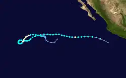 A track map of the path of a hurricane over the Eastern Pacific Ocean