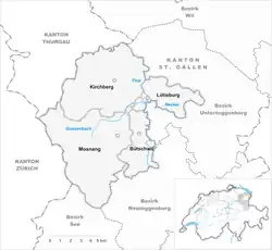 Map highlighting the Swiss municipalities of Kirchberg (Northwest), Lütisburg (Northeast), Mosnang (Southwest), and Bütschwil (Southeast). The rivers Gonzenbach, Thur, and Necker are also shown within the district.
