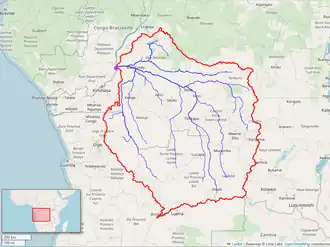 A map of the Kasai River watershed. Mwene Muji controlled the territory around the Lower Kasai, stretching from Lake Mai-Ndombe and Mushie to Idiofa and the Wamba River.