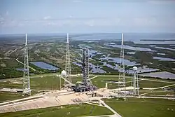 LC-39B with added lightning towers and holding the SLS Block 1 mobile launcher (2019)