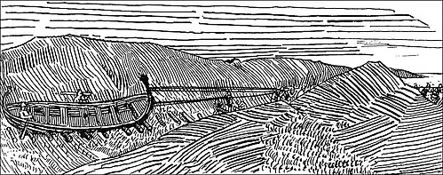 Black and white drawing of a ship with a single man inside being dragged across an ishtmus on trunks by several men.