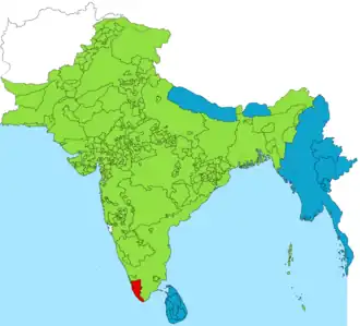 Location of the kingdom of Travancore (in red) in 1940's British India India (in green)