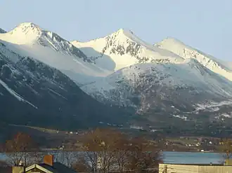 Skarven (from left), Kirketaket and Kjøvskartind, from Åndalsnes.