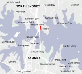 map of Sydney showing Kirribilli and Jeffrey Street location