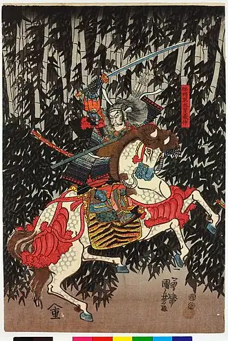 Kiso Yoshinaka wa tatewaki sensho Yoshikata no ko ni shite… 木曽義仲は帯刀先生義賢の子にして… (The pursuit of Yoshinaka in a bamboo grove at the Battle of Awazu) (BM 2008,3037.18303 1)