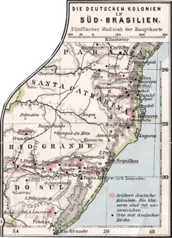 German settlement in Southern Brazil. Major places in red and black spots for towns with German churches.