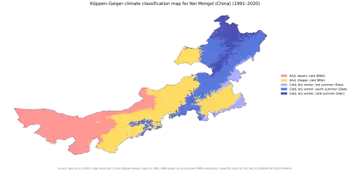 Köppen–Geiger climate classification map at 1-km resolution for Inner Mongolia (China) for 1991–2020