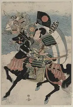 The encounter between Kumagai Naozane and Taira no Atsumori, woodblock print, circa 1820