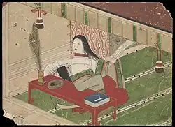 (1) Pre-death portrait. The woman is indoors, and has written her poem of farewell.