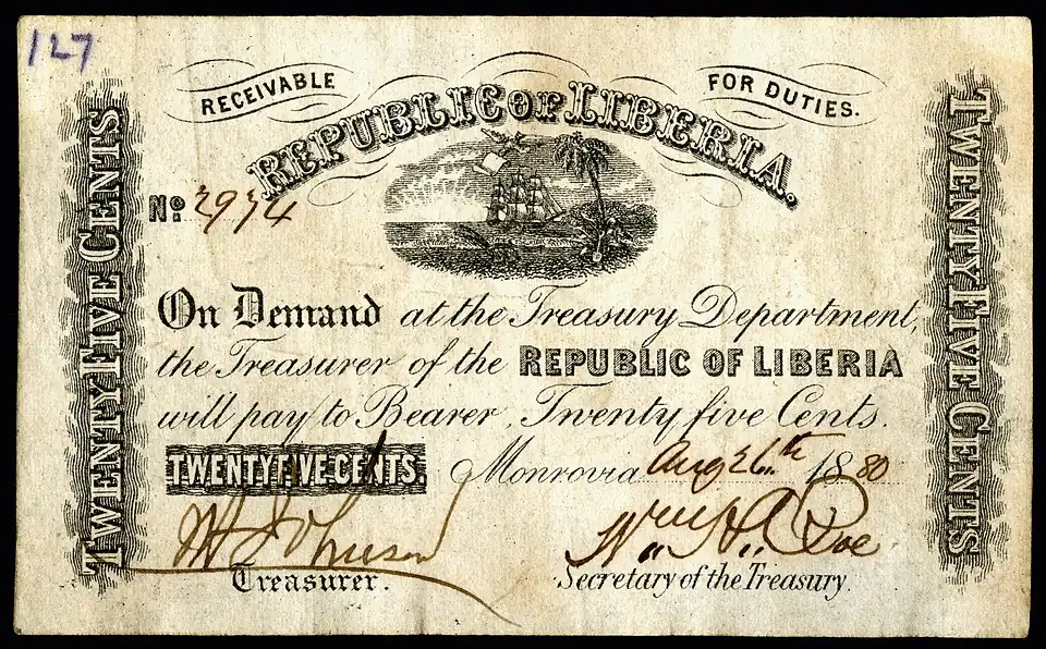 The national coat of arms as depicted on Liberian currency in 1880.