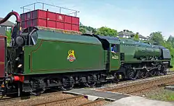 Duchess of Sutherland repainted in early 1950s Brunswick Green at Appleby railway station on a southbound rail tour in June 2012.