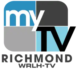 A rounded rectangle divided into blue and gray parts with the word "my" in white and a black "TV" in the lower right. Underneath on two lines are the word "Richmond" and "W R L H-TV".
