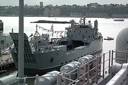 USAV General Frank S. Besson Jr (LSV-1) docked across from the USS Intrepid in Manhattan during Fleet Week 2010.