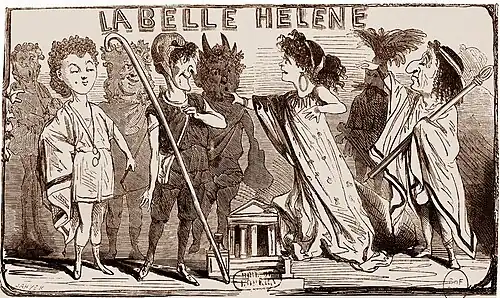 Newspaper caricature of characters in classical costume