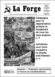 Front page of the February 2007 issue of "La Forge", depicting the PCOF's old logo.