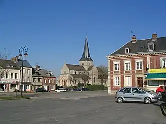 The town hall square and church in Saint-Laurent-en-Caux