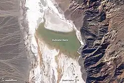Image 33Ephemeral 'Lake Badwater', a lake only noted after heavy winter and spring rainfall, Badwater Basin, Death Valley National Park, 9 February 2005. Landsat 5 satellite photo (from Lake)